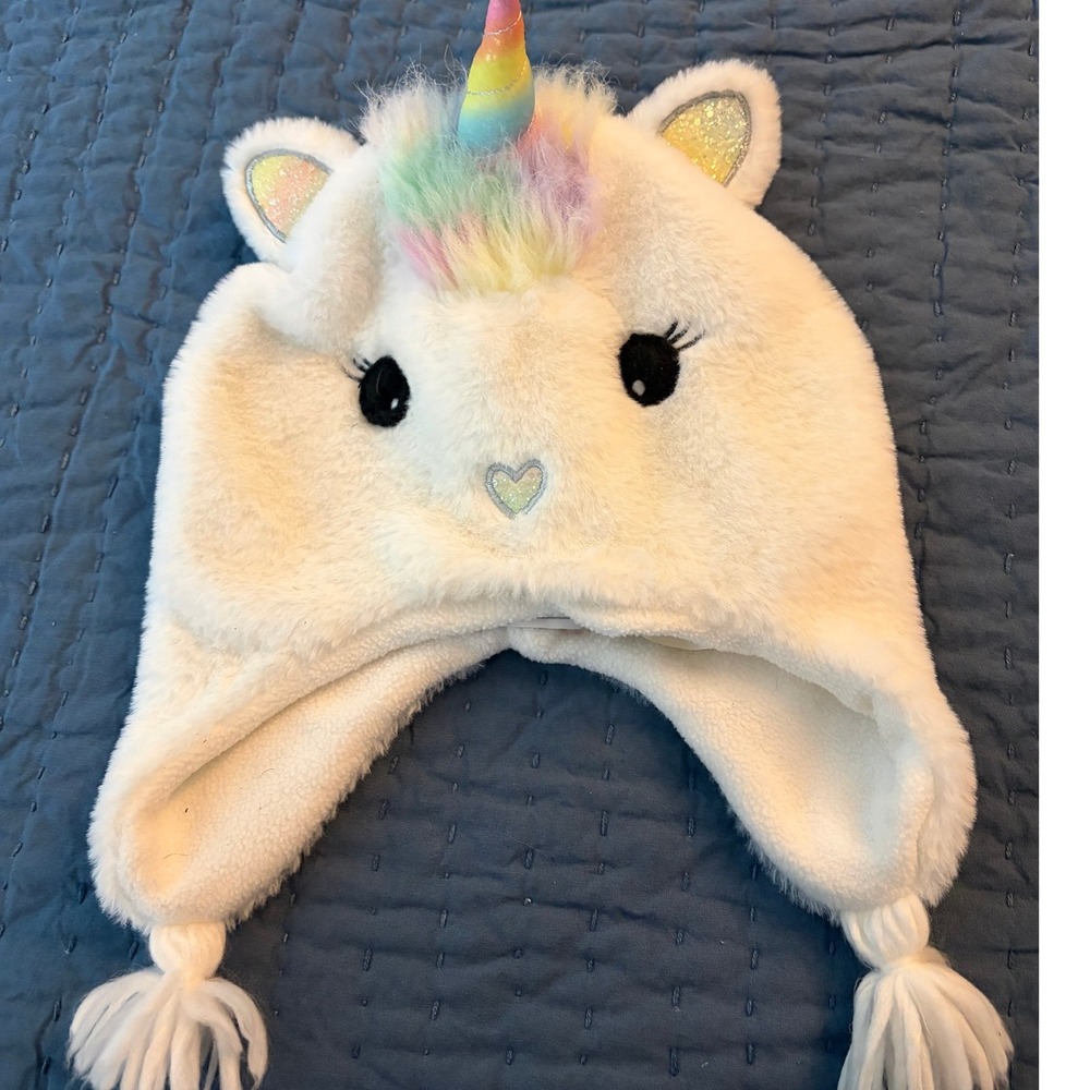 The Childrens Place Faux Fur Unicorn Trapper Hat Rainbow Horn M/L Whimsical